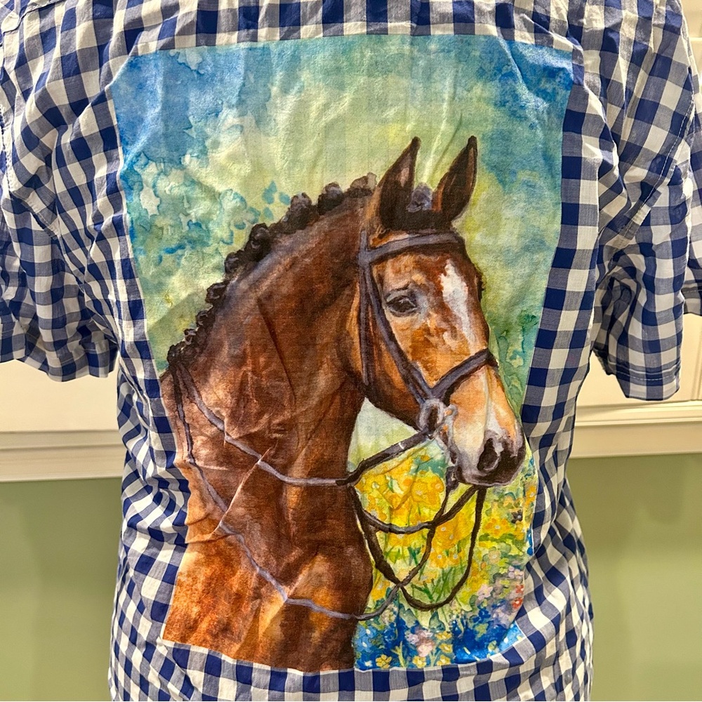 Bright Navy Checkered Equestrian Button Down Shirt Men’s XXL
